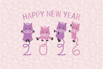 2026年賀状 午4ポーズ　飾り文字しっぽ2026　背景薄いピンク横　HAPPY NEW YEAR