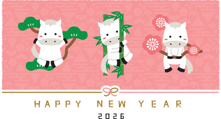 Obraz premium 2026年賀状 Happy new year 水引き 白馬の松竹梅 背景ピンク