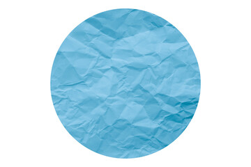 Light blue circle sticker with crumpled edges. Wrinkled round paper isolated on transparent background.