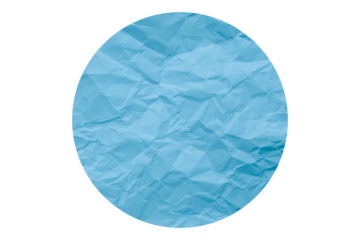Light blue circle sticker with crumpled edges. Wrinkled round paper isolated on transparent background.