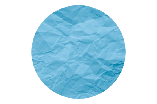 Light blue circle sticker with crumpled edges. Wrinkled round paper isolated on transparent background.