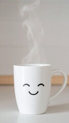 Custom AI Model  Happy Smiling Mug Steaming Hot Coffee Kitchen Morning Joy
