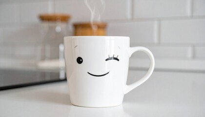 Custom AI Model  Happy Smiling Mug Steaming Hot Coffee Kitchen Morning Joy