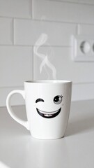 Custom AI Model  Happy Smiling Mug Steaming Hot Coffee Kitchen Morning Joy