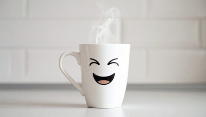Custom AI Model  Happy Smiling Mug Steaming Hot Coffee Kitchen Morning Joy