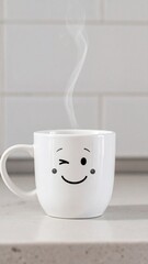 Custom AI Model  Happy Smiling Mug Steaming Hot Coffee Kitchen Morning Joy
