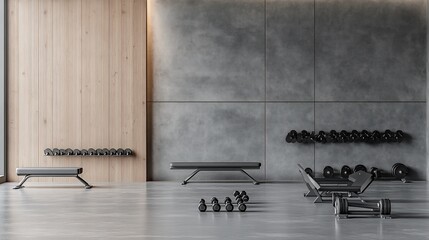 Contemporary gym interior with workout equipment for fitness training