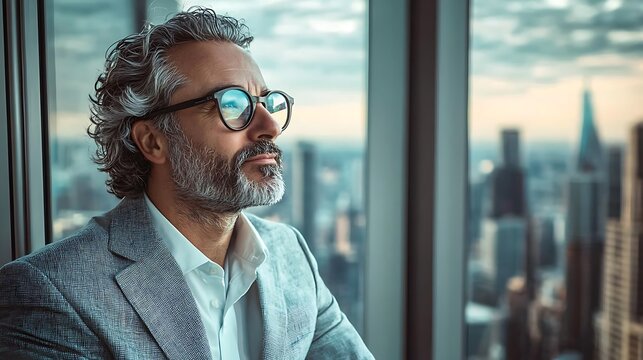 Contemplative businessman gazes at cityscape from office window for thoughtful strategy and urban ambition in modern corporate environment and success concept.