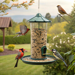 Create a realistic picture with birds and a bird feeder