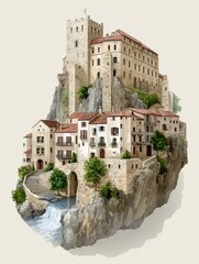 Fototapeta premium Majestic Medieval Castle Perched on Cliffside with Charming Village