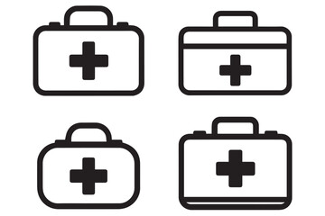 Obraz premium Set of first aid kit icons in black and white, featuring various styles of medical kits with cross symbols, perfect for healthcare, emergency, and medical designs, line art icon set