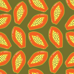 Seamless Ripe Papaya Fruit Cut In Half Pattern Design Green Background