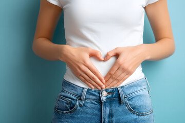 お腹にハートを作る両手と白Tシャツの女性