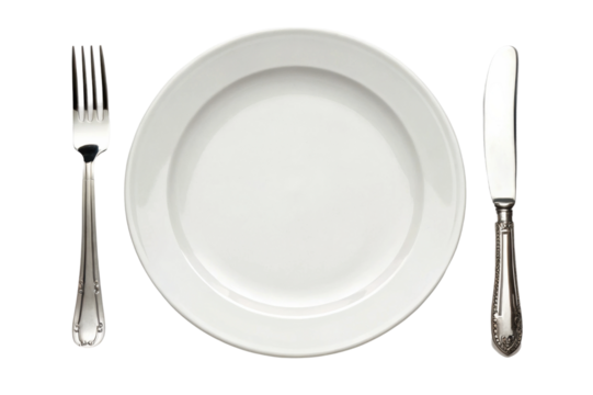 PNG White ceramic plate with silver fork and knife set on black background