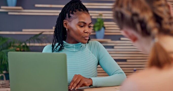 Woman, gym and receptionist with customer on laptop for application, membership or sign up. Female people, client or registration with computer, form or survey for member policy at health club