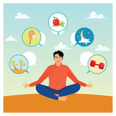 Meditating Man Surrounded by Symbols of Healthy Lifestyle Choices.