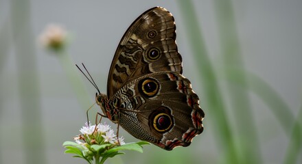 Fototapeta premium A Close-Up of a Owl Butterfly on a Flower