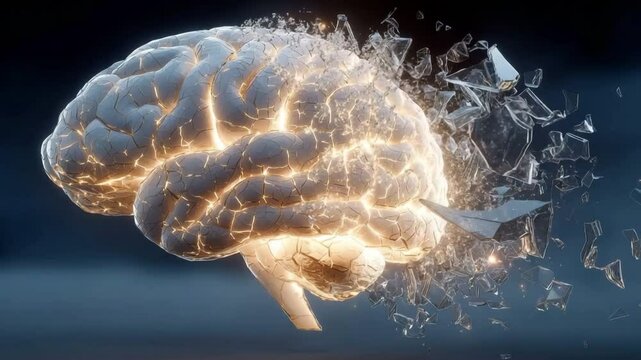 Human brain explosion in space with broken glass and a light burst