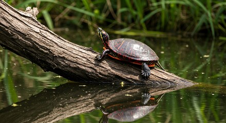 Fototapeta premium Painted Turtle Basking on a Log