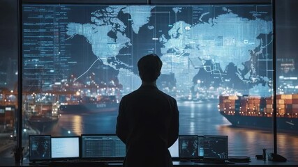 Global Vision: A figure stands before a panoramic view of a sprawling port at night, the world map, visualizing global connectivity and international trade. - Powered by Adobe