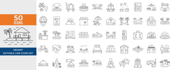 Resort Line Icon Set – Travel, Tourism, Hotel Services, Beach, Wellness, Vacation & Landscape – Editable Vector icon Illustrations