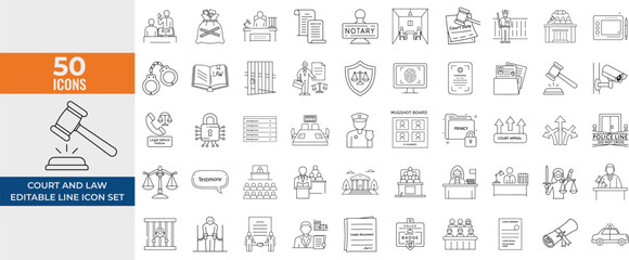 Court and Law Line Icons Set – Editable Stroke Vector Illustrations of Lawyer, Judge, Justice, Criminal, Police, Prison, Contract, Certificate, and Security