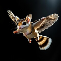 Fototapeta premium A stunning sugar glider gracefully soars through the darkness with its wings outstretched, showcasing its unique beauty and natural elegance in the night air.