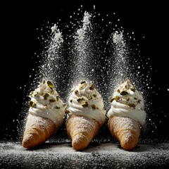 3 Italian cannoli with white cream and pistachios, on a black background, sprinkled with powdered sugar, food photography, high resolution. 