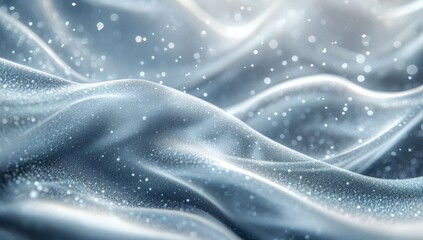 Obraz premium Abstract background with blurred light blue waves and glowing particles, white snowflakes, and silver glitter on the edges of the fabric. The scene is illuminated by soft rays of sunlight, 