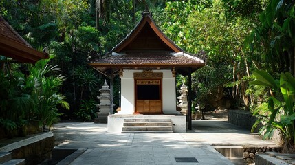 A peaceful Balinese Hindu shrine stands led amidst lush greenery, offe a serene space for spiritual reflection and connection with nature's beauty.