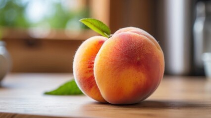 A peach with fuzzy skin, detailed surface clear, blurred summer kitchen softly shown