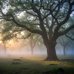 Obraz premium A mystical forest landscape with sunlight shining through the morning fog. The majestic and old trees create a quiet atmosphere.