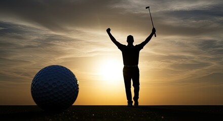 Silhouette of a triumphant golfer at sunset
