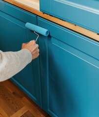 Person painting a kitchen cabinet door with teal paint using a roller.