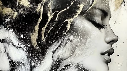 Wanddecoratie Zwart goud Serene Woman with Black Gold Abstract.  © anggita