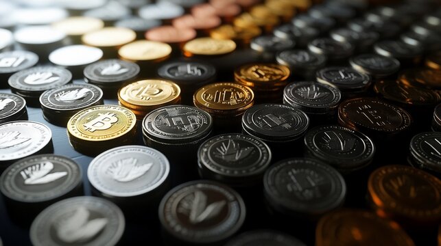 Array of Cryptocurrency Tokens: Bitcoin, Litecoin and Ethereum on a Dark Surface