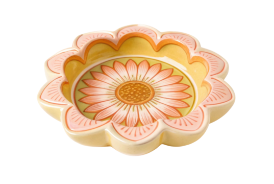 PNG Floral ceramic dish with sunflower design and scalloped edges