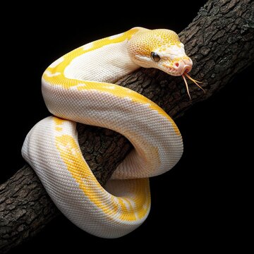 A stunning albino ball python with vibrant yellow markings gracefully coils around a dark branch, its forked tongue testing the air against a black backdrop.