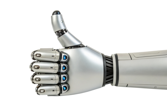 PNG Robotic hand giving thumbs up gesture in futuristic technology concept