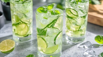 Fototapeta premium Refreshing cucumber and lime beverages with ice and herbs.