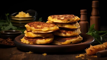 Stack of fluffy pampushki bread rolls on a wooden plate.