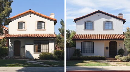 Before and after of a sturdy new house, Typical suburban house exterior
