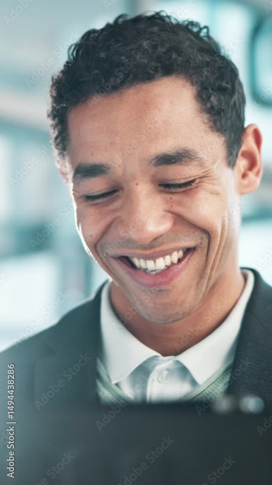 Poster Office, business and man on tablet in lobby for networking, connection and financial planning. Corporate, professional and happy worker on digital tech for website, research report and finance review