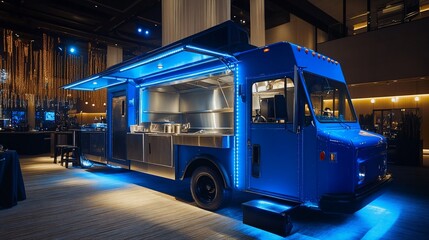 A Vibrant Blue Food Truck Displayed at an Elegant Indoor Event Space