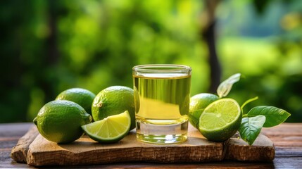 Lime cocktail with fresh limes on a wooden board.