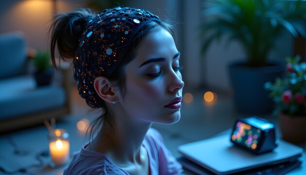 A subject sits serenely, eyes closed, bathed in soft, ambient light. A lightweight cap, embedded with numerous small, circular sensors, rests gently on their head