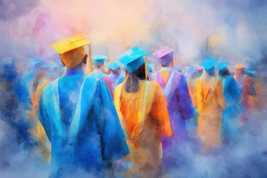 A dreamy watercolor depiction of a graduation ceremony, with colorful caps and gowns against a blurred, vibrant background. High quality