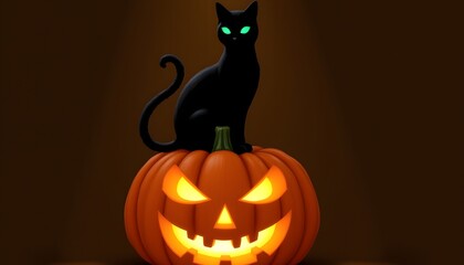 A sleek, obsidian cat sits perched atop a large, vibrant orange pumpkin. Its emerald eyes gleam in the dim light, reflecting the carved, toothy grin of the jack o' lantern