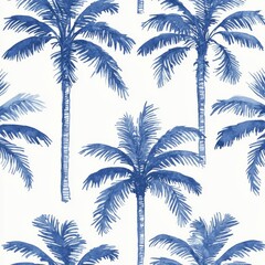 Obraz premium Blue and white pattern with palm trees, tropical foliage seamless design, simple shapes, white background, monochromatic color scheme, soft lines and curves