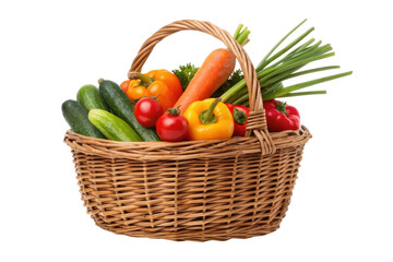 PNG Woven basket of fresh vegetables including carrots, bell peppers, cucumbers, and scallions